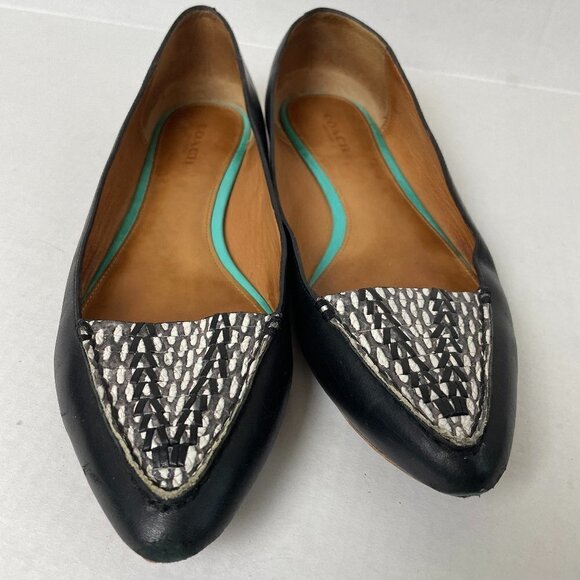 Coach Oakland Flats - Size 8 - Black Pointed Leather Flat Snakeskin Accent - Picture 1 of 3